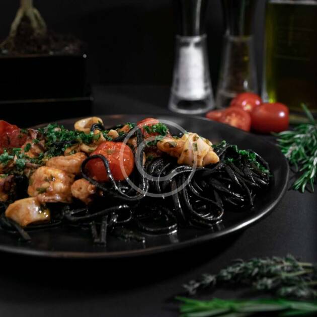 Squid Ink Pasta with Grilled Prawns